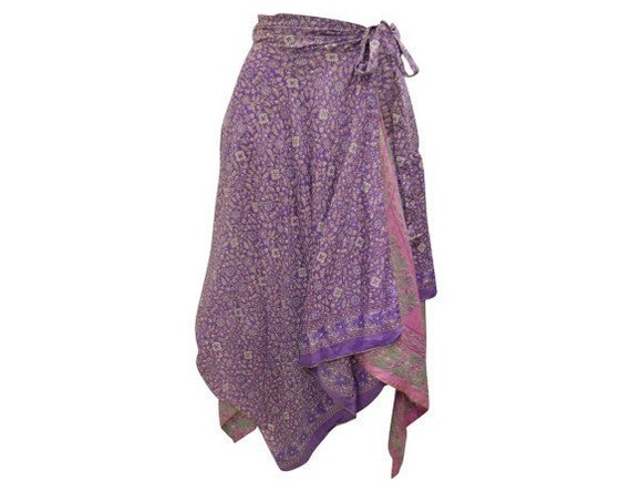 Recycled Wrap- around Skirt Reversible Vintage Patchwork handkerchief Hem Boho Midi Free Size up to 18 P281