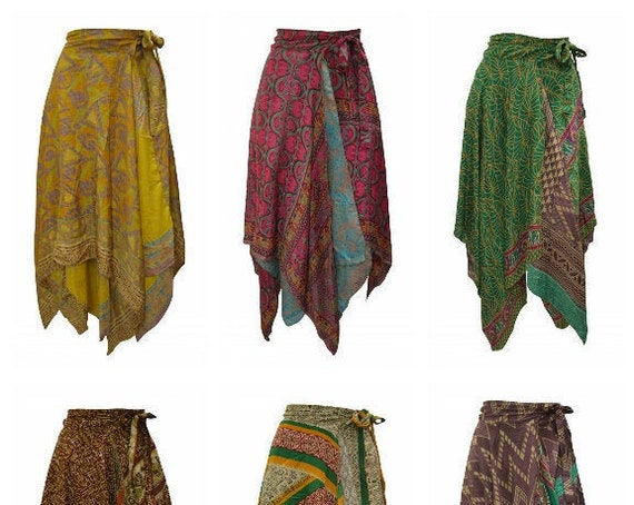 Upcycled Wrap- around Skirt Reversible Vintage Patchwork handkerchief Hem Boho Midi Free Size up to size 18 P234- P242