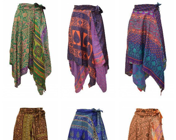 Upcycled Wrap- around Skirt Reversible Vintage Patchwork handkerchief Hem Boho Midi Free Size up to size 18 P243- P251