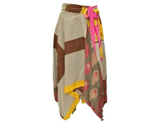 Recycled Wrap- around Skirt Reversible Vintage Patchwork handkerchief Hem Boho Midi Free Size up to size 18 P328