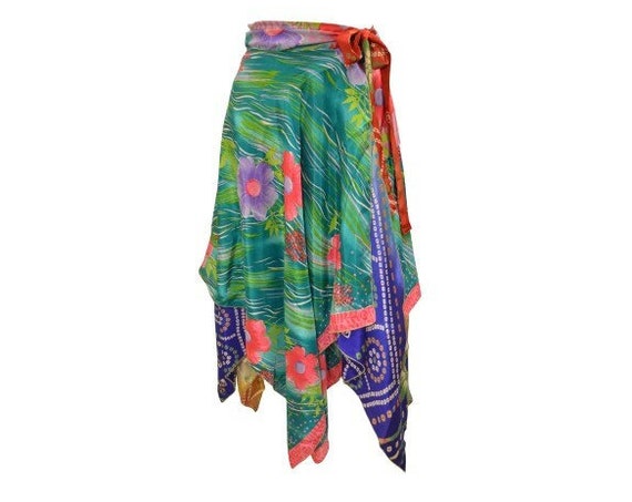 Recycled Wrap- around Skirt Reversible Vintage Patchwork handkerchief Hem Boho Midi Free Size up to 18 P348