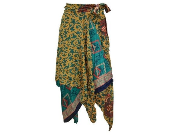 Recycled Wrap- around Skirt Reversible Vintage Patchwork handkerchief Hem Boho Midi Free Size up to size 18 P260