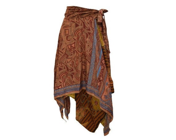 Recycled Wrap- around Skirt Reversible Vintage Patchwork handkerchief Hem Boho Midi Free Size up to size 18 P270