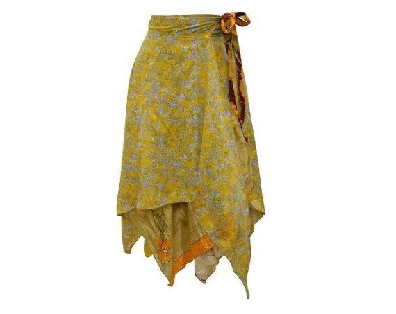 Recycled Wrap- around Skirt Reversible Vintage Patchwork handkerchief Hem Boho Midi Free Size up to size 18 P269