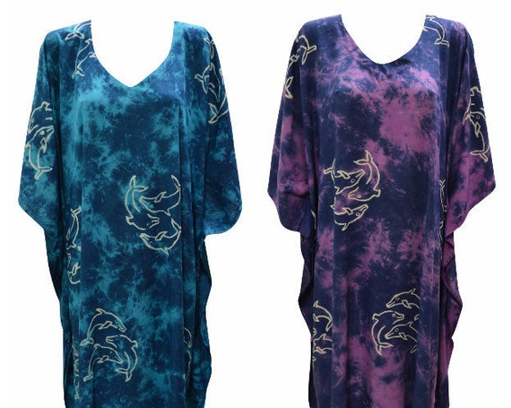 Womens Plus Size Kaftan Handmade Dolphin Print Maxi Boho Batwing Loungewear Free Size Up To 28
