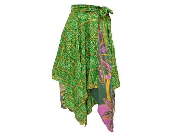 Recycled Wrap- around Skirt Reversible Vintage Patchwork handkerchief Hem Boho Midi Free Size up to 18 P350