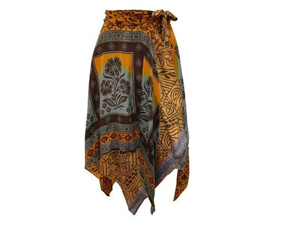 Recycled Wrap- around Skirt Reversible Vintage Patchwork handkerchief Hem Boho Midi Free Size up to 18 P273