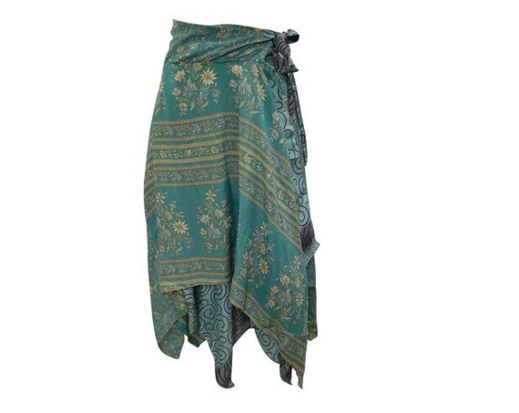 Recycled Wrap- around Skirt Reversible Vintage Patchwork handkerchief Hem Boho Midi Free Size up to 18 P280