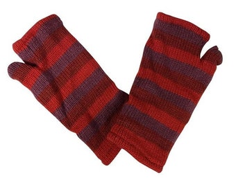 Handmade Knit Handwarmers 100% Wool Winter Striped Fingerless Fleece Lined Gloves One Size P46