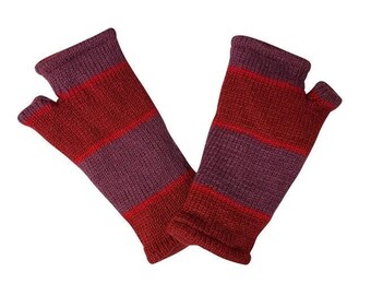 Handmade Knit Handwarmers 100% Wool Winter Striped Fingerless Fleece Lined Gloves One Size P56