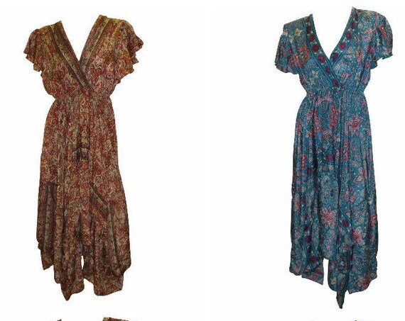 Recycled Handkerchief Maxi Retro Short Butterfly Sleeves Boho Dress Free Size Up To 18