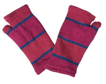 Handmade Knit Handwarmers 100% Wool Winter Striped Fingerless Fleece Lined Gloves One Size P57