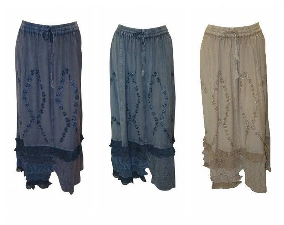 Womens Boho Maxi Lace frill hem Embroidered Hippie Skirt Free Size Up To 22