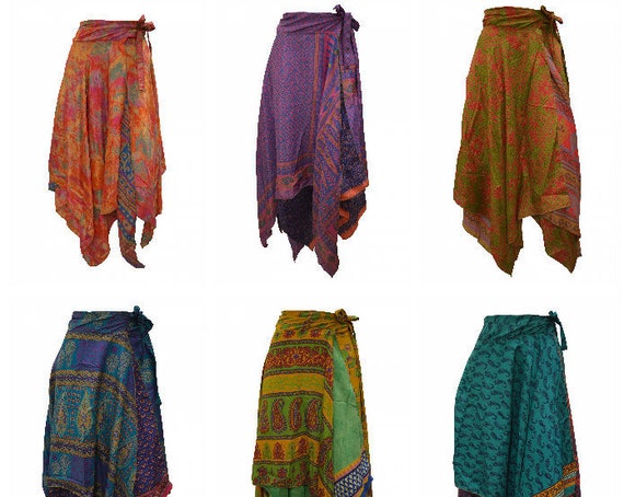 Upcycled Wrap- around Skirt Reversible Vintage Patchwork handkerchief Hem Boho Midi Free Size up to size 18 P207- P215