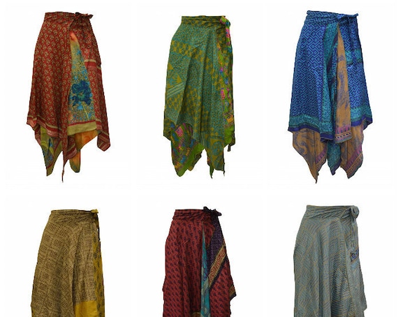 Upcycled Wrap- around Skirt Reversible Vintage Patchwork handkerchief Hem Boho Midi Free Size up to size 18 P216- P224