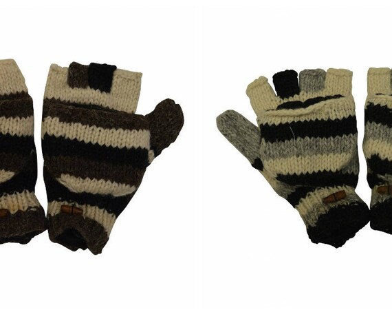100% Wool Winter Knit boho Fingerless Mittens Fold back Covers Fleece Line Warm Cosy Gloves
