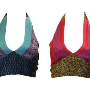 Recycled Reversible Retro Crop Top Boho Festival Halterneck Bralette One Size P87