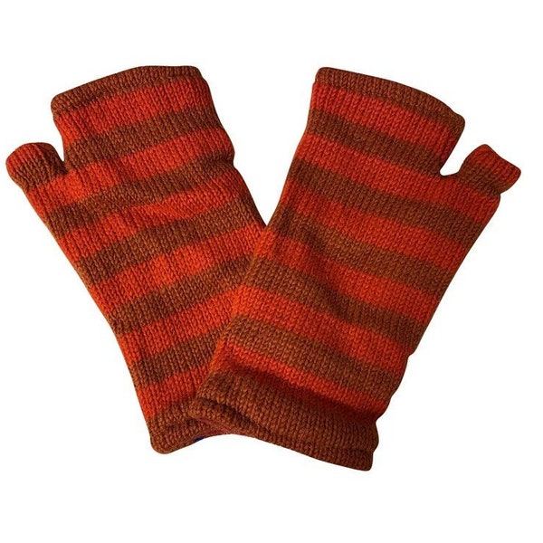 Handmade Knit Handwarmers 100% Wool Winter Striped Fingerless Fleece Lined Gloves One Size P30