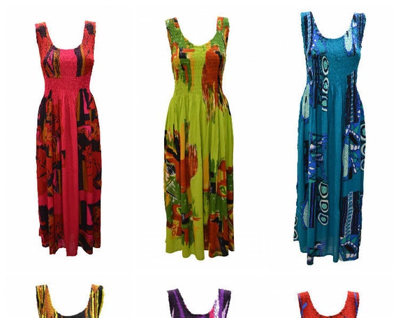 Womens Ladies Handmade Boho Abstract Print Maxi Gypsy Elasticated Sleeveless Dress Free Size Up To 22 P1- P6