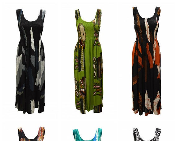 Womens Ladies Handmade Boho Abstract Print Maxi Gypsy Elasticated Sleeveless Dress Free Size Up To 22 P7- P12