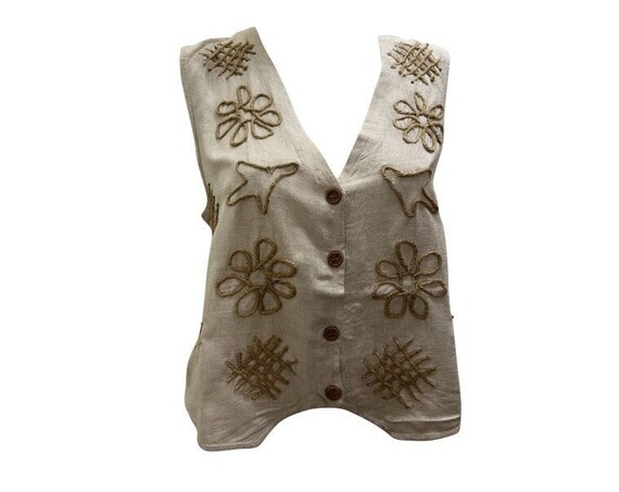 Boho Ethnic Linen Waistcoat Vintage Style Rope Textured Button up Vest up to size 14 Beige