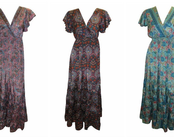 Recycled Ruffle Maxi Retro Short Butterfly Sleeves Boho Dress Free Size Up To 18 P9-11