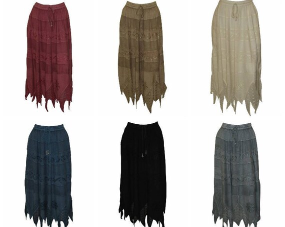 Boho Hippie Embroidered Lace Handkerchief Hem Midi Skirt Free Size Up to 22