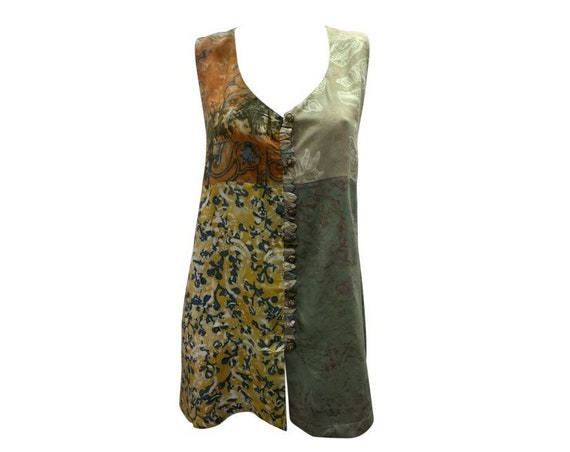 Recycled Vintage Waistcoat Retro Floral Patchwork Long Flowy Vest Free Size Up To 16
