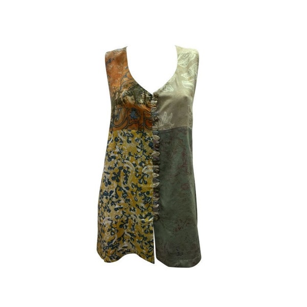 Recycled Vintage style Waistcoat Retro Floral Patchwork Long Flowy Vest Free Size Up To 16