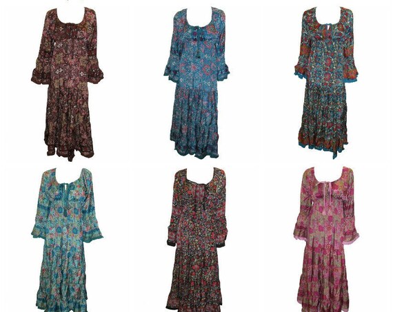 Recycled Tassel Tie Retro Long Sleeve Boho Smock Maxi Dress Free Size Up To 16