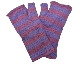 Handmade Knit Handwarmers 100% Wool Winter Striped Fingerless Fleece Lined Gloves One Size P14