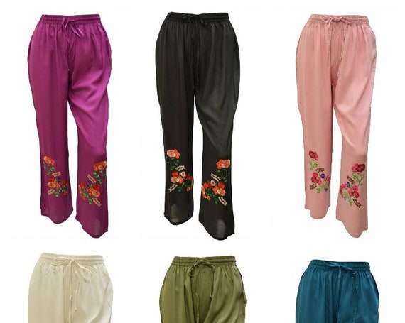 Womens Boho Trousers Embroidered floral Lounge wear Palazzo Pants M/L XL/XXL
