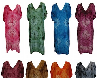 Womens Plus Size Kaftan Boho Tie-dye Circles Maxi Batwing Lounge wear Free Size Up To 34