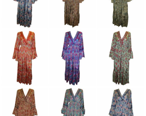 Recycled V Neck Cross Over Angel Sleeve Retro Ruffle Maxi Dress Free Size Up To 18