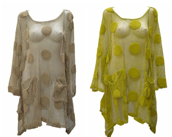 Boho Hippie Lagenlook Dress Vintage Style Long Sleeve Crochet Knit Dot Shrug Cover up free size up to size 24