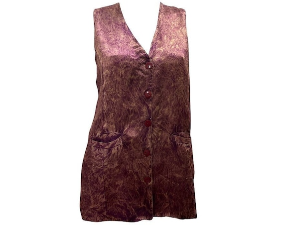 Retro Satin Waistcoat Vintage Marble Tie-dye Detail Button up Vest Free Size Up To 10 Mauve