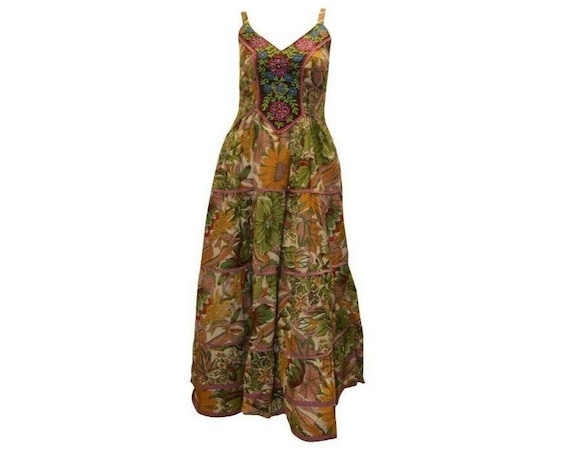 Cotton boho hippie sleeveless floral vintage style embroidered panelled maxi dress free size up to size 14 P10