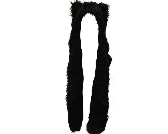 Winter Faux Fur Unisex Wolf Ears Spirit Hood Boho Pixie Hat Scarf Black