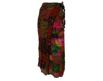 Boho  vintage style up-cycled reversible abstract patchwork maxi wrap skirt free size up to size 18 p227