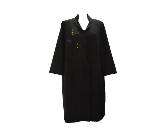 Womens Ladies Linen Cotton Oversized Statement Fringe Coat Floral Tone To Tone Embroidery Overcoat Black Free Size Up To 24