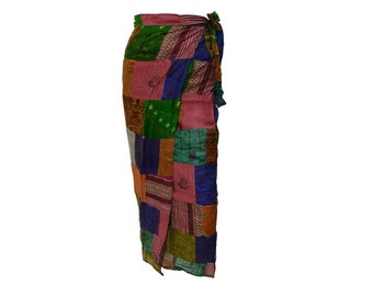 Boho  vintage style up-cycled reversible abstract patchwork maxi wrap skirt free size up to size 18 p240