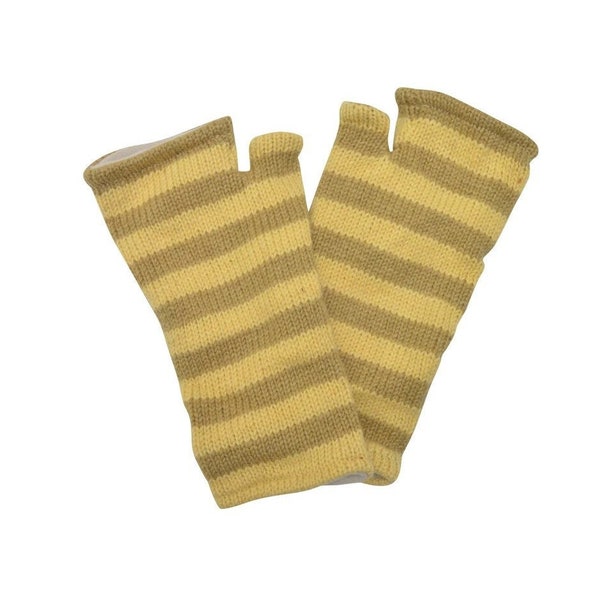 Handmade Knit Handwarmers 100% Wool Winter Striped Fingerless Fleece Lined Gloves One Size P18