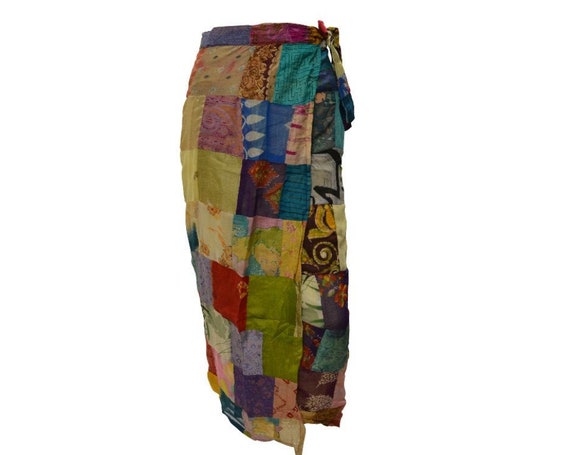 Boho hippie vintage style up-cycled reversible abstract patchwork maxi wrap skirt free size up to size 18 p268