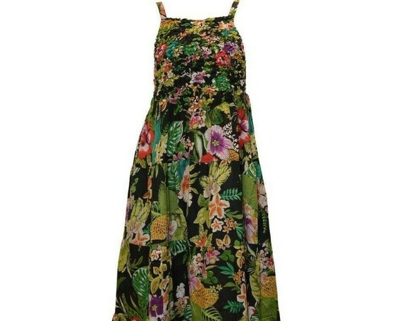 100% Cotton boho hippie vintage style floral elasticated strappy maxi dress S/M L/XL (p18)