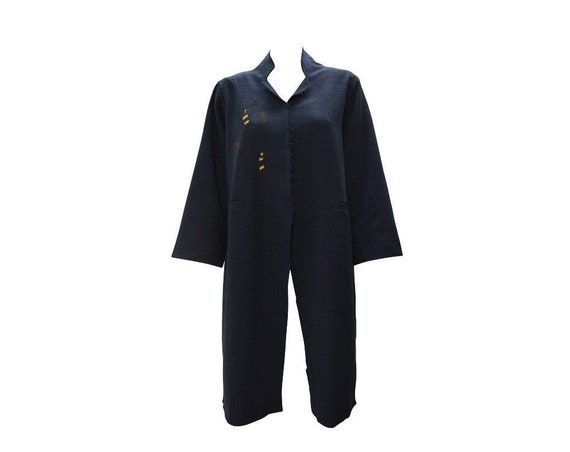 Womens Ladies Linen Cotton Oversized Statement Fringe Coat Floral Tone To Tone Embroidery Overcoat Navy Free Size Up To 24