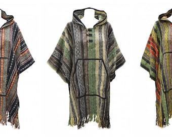 Handmade 100% Cotton Plus Size Unisex Bohemian Hood Poncho Ethnic Blanket Style  Free Size