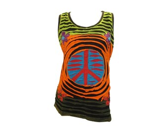 May include: A sleeveless shirt with a peace sign design in a circle. The shirt is black with orange, green, and blue stripes. The peace sign is red, blue, and white.