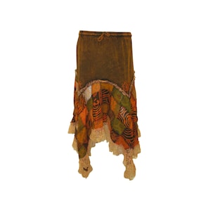 100% Cotton Midi Boho Patchwork Frill lace  handkerchief skirt Rusty Orange