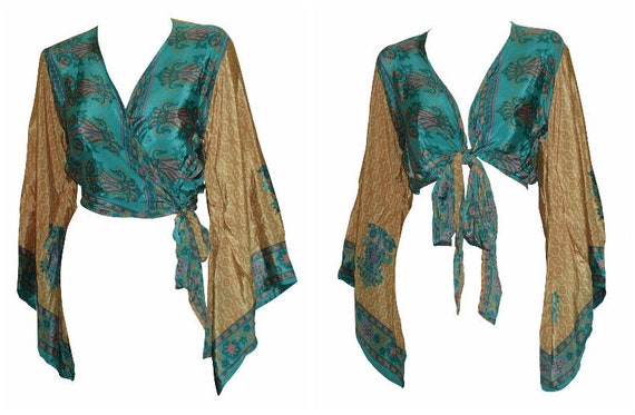Recycled Retro Crop Top Bell Sleeves Boho Front Knot Wrap Blouse Free Size Up to 16 P42