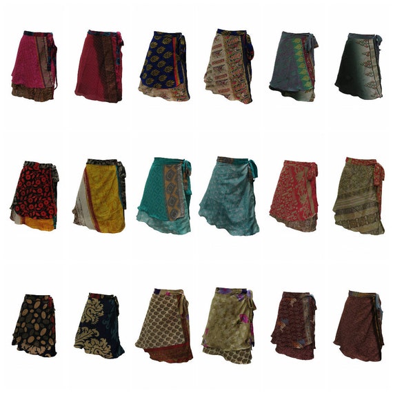 Upcycled Retro Reversible Skirt Boho Vintage Sari Layered Knot Miniskirt Free Size Up To 18 P28-P36